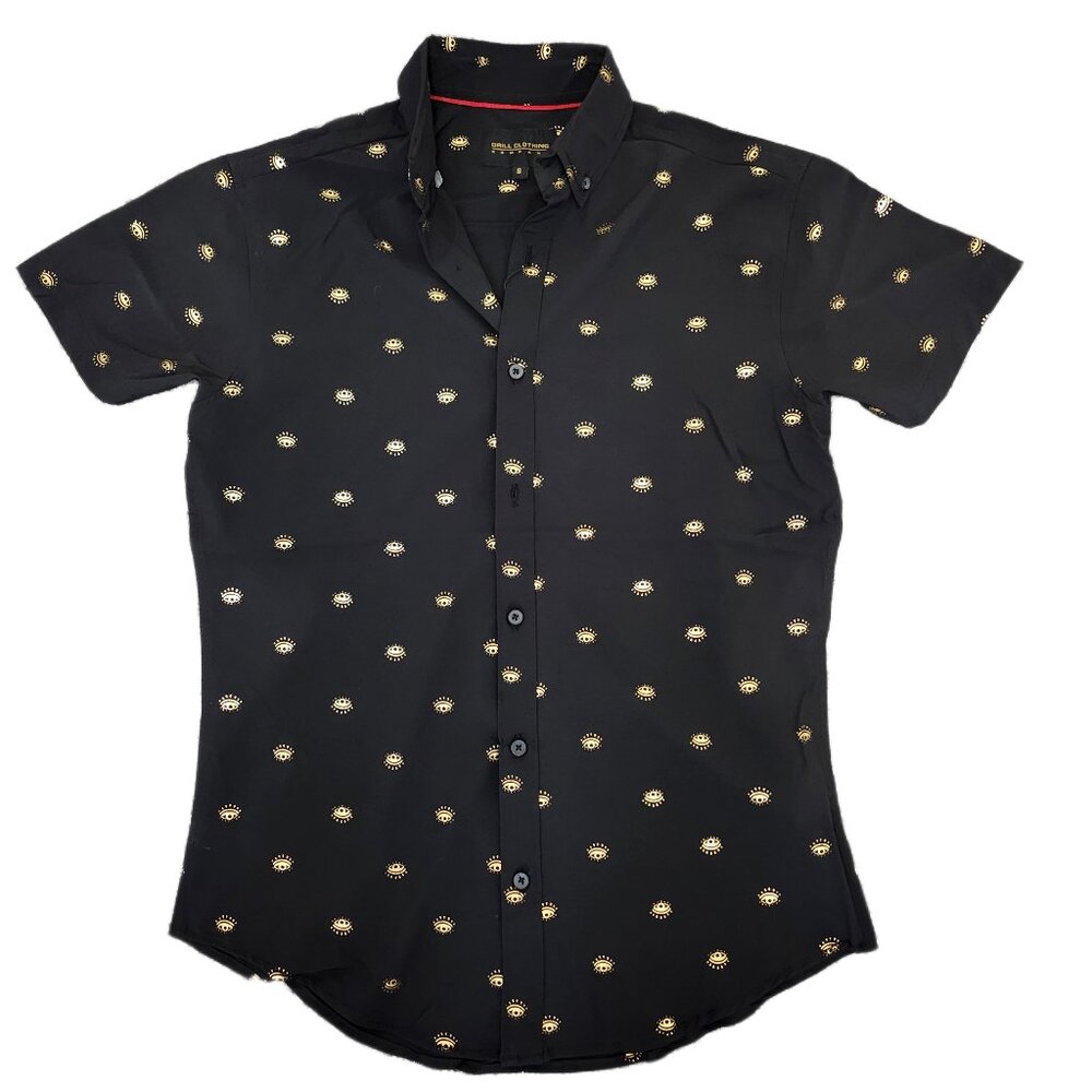 Drill Clothing Company Black Button Up Shirt with Gold Designs Eyes UFOs Men's S